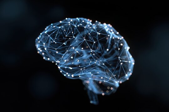 Digital representation featuring a neural network shaped like a brain illuminated in blue, showcasing futuristic technology and artificial intelligence design concepts