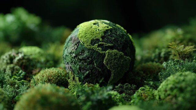 Moss covered globe planet model nestled lush green mossy fern vegetation conveying nature conservation ecology and environment themes. moss planet green sphere miniature globe earth shape moss