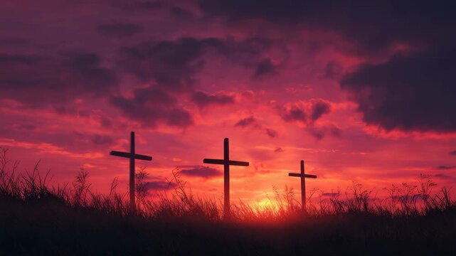 Three wooden cross silhouette sunrise hill with dramatic red sky and tall grass conveying solemn atmosphere and hope cross sunrise silhouette hill grass sky cloud dramatic red sunset crucifix
