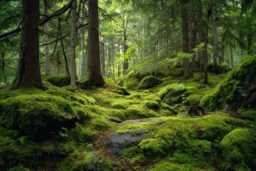 Obraz premium Lush green moss covering forest floor with towering trees creating a tranquil and serene atmosphere in a vibrant natural setting
