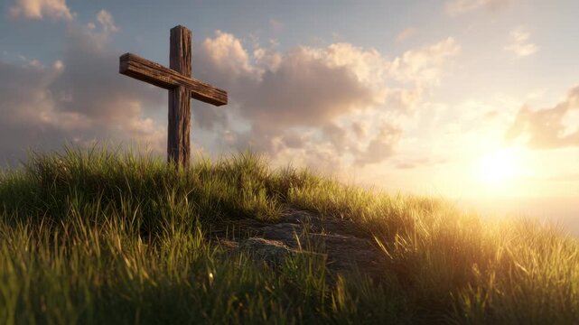 Wooden cross hilltop sunrise with golden light and peaceful sky wooden cross grassy hill sunrise with warm light and peaceful sky wooden cross hill sunrise with glowing sky and peaceful atmosphere