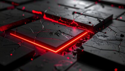 Cracked surface with glowing red geometric shape and embedded light