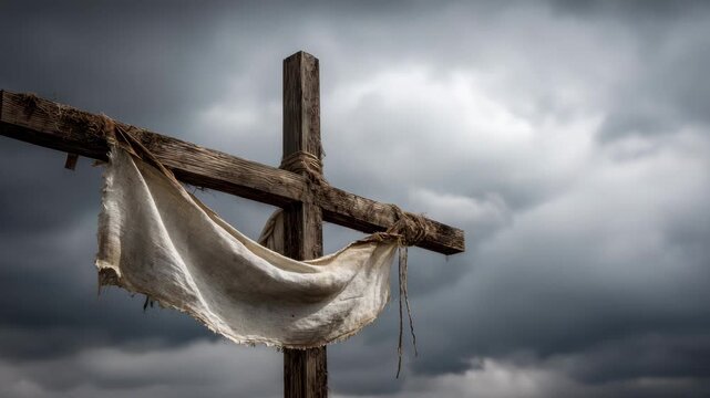 Tattered cloth draped over weathered wooden cross with torn fabric and worn linen, storm cloud and stormy sky backdrop, draped cloth and rope on rustic wood, bleak overcast weathered texture