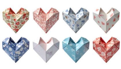 Paper Folded Heart Shapes Pattern Collection Isolated on White Background