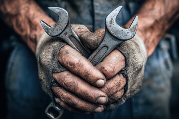 Fototapeta premium Mechanic client holding tools for car repairs while showcasing hands in a rustic workshop environment during daytime