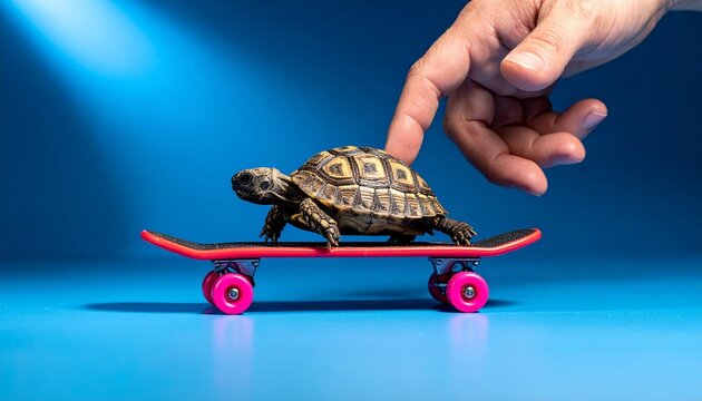Turtle riding red skateboard under spotlight