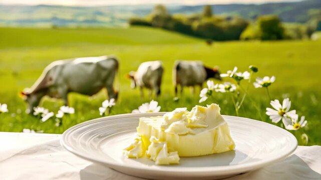 Piece of fresh butter on plate with cows grazing in meadow. Concept of dairy quality and natural farming