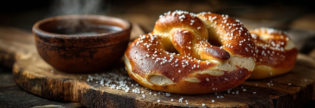 On a rustic wooden board, soft pretzels are served with a cup of water and coarse salt. Christian Lenten fasting customs that resemble crossing one's arms in prayer