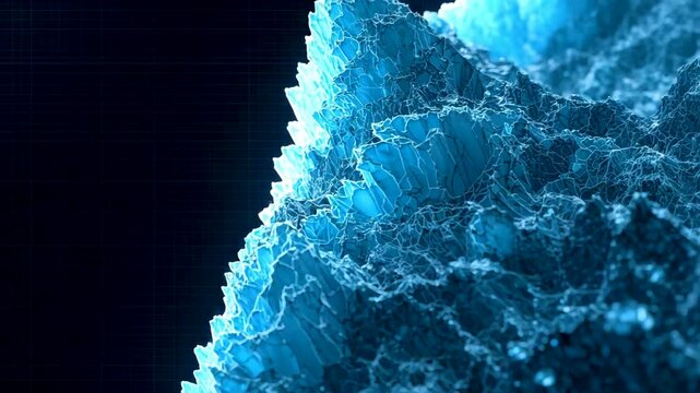 Jagged blue crystalline ice formation rising diagonally against dark background with sharp textured edges