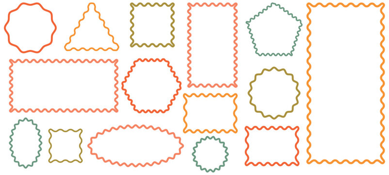 Linear zigzag badges collection. Wavy Scalloped rectangular, circle, square, polygon, hexagon and oval Frames Collection. Outline vector illustration. 