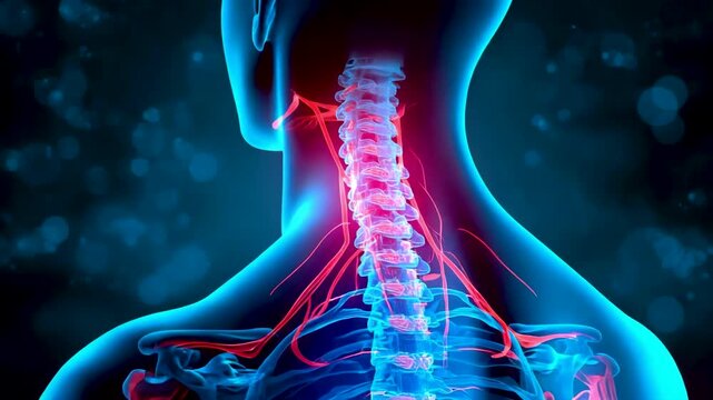 Human upper body medical illustration highlighting cervical spine and neck nerves in blue and red