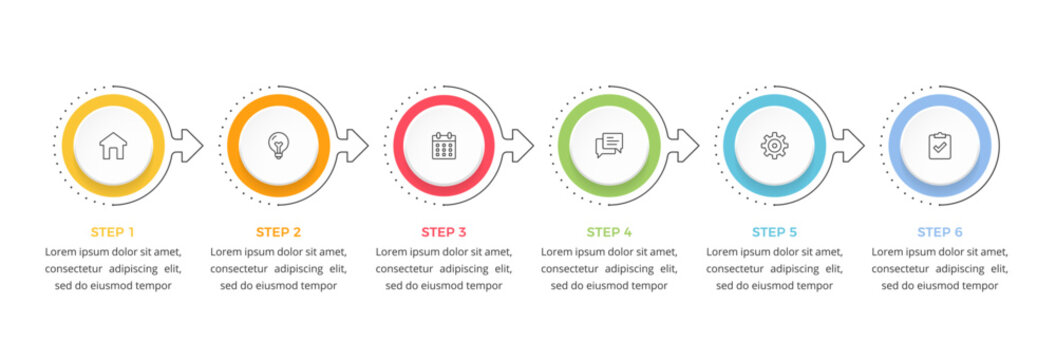 Six step process infographic with circular elements connected by arrows, showing a sequential workflow
