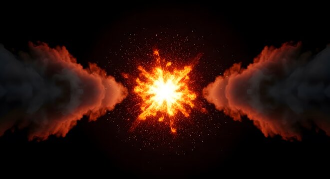 Dynamic Explosion of Light and Smoke with Sparks Against a Black Void