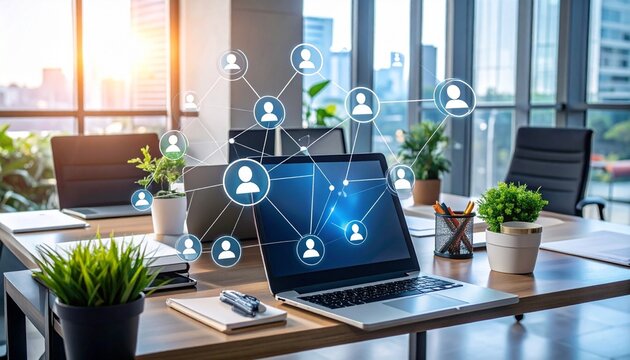 Modern office with laptops and digital network overlay - Powered by Adobe