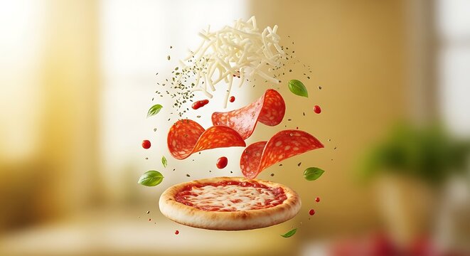 Delicious pizza ingredients floating above freshly baked crust for mealtime