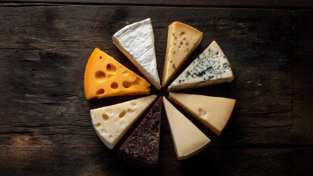 Creamy and aged cheese assortment of eight wedges arranged circular platter rustic wooden board, savory textures of brie camembert gouda emmental and blue wedge evoking cozy gourmet tasting rustic