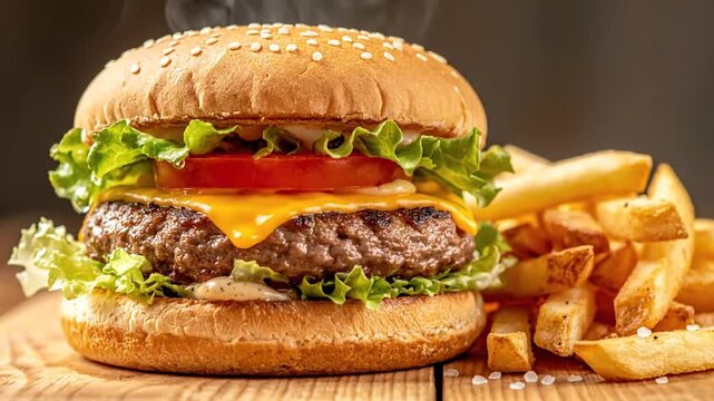 A close-up shot of a juicy cheeseburger with fries on a wooden table, infused with artificial intelligence elements in a modern fast food environment