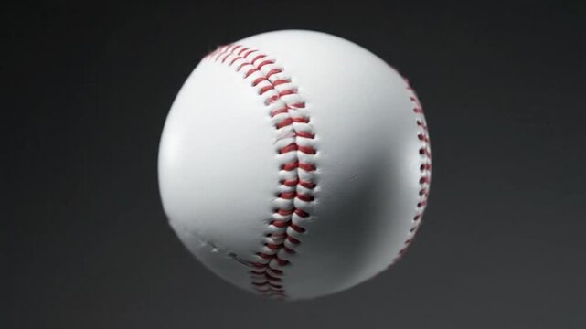 Close-up of a white baseball with red stitching on gray