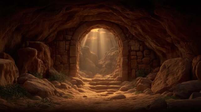 Ancient stone cave entrance with sunbeam and sunbeams illuminating rocky steps, sand, rock, textured walls and passage, arch tunnel and winding entrance passage evoking serene atmospheric mystery