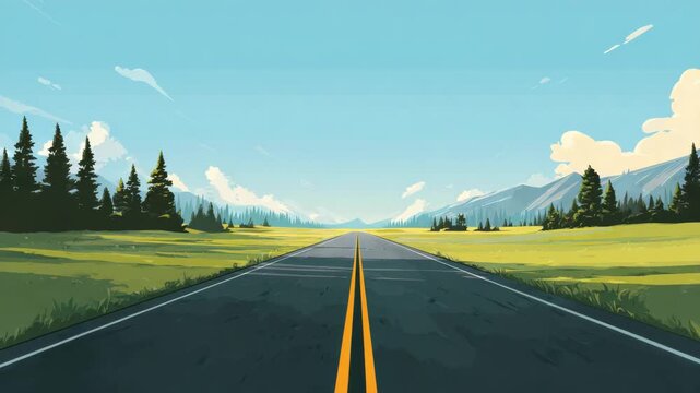 Open road through valley with yellow centerline toward distant mountain range blue sky with scattered cloud and pine tree evoking calm and freedom open road landscape horizon countryside summer