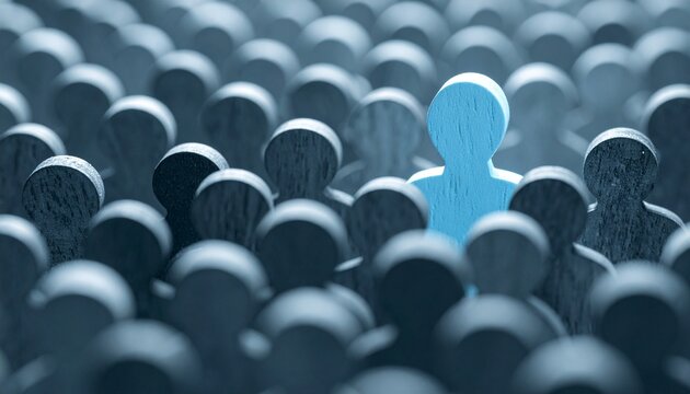 Blue figure standing out among gray crowd