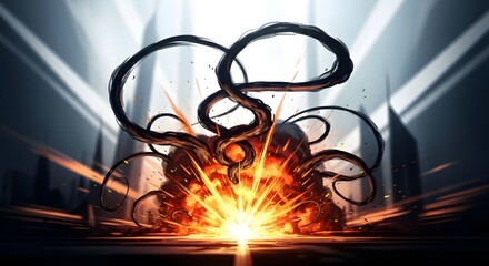 Fototapeta premium Explosive Blast with Abstract Dark Smoke Swirls and Sharp Light Beams