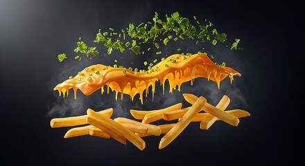 Delicious hot cheese fries with fresh herbs levitate in dynamic shot