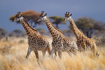 Obraz premium Masai giraffes walk gracefully through dry grass under a cloudy sky in the African savanna, showcasing their unique patterns and long necks in their natural habitat during daytime