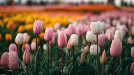 A vibrant field of tulips, with pink, white, orange, and yellow blooms mingling, creating a charming scene of springtime flowers in full bloom.