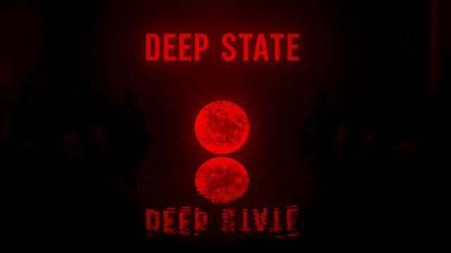 Red illuminated text reading deep state above two glowing red circular forms on dark background