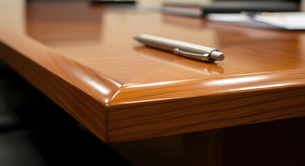 A macro shot showing the fine grain and high gloss finish of a wooden executive desk corner with a silver pen resting on top