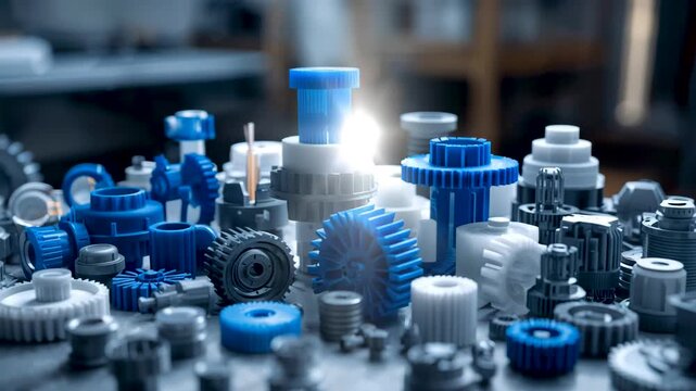 Close up view of assorted blue and white plastic gears and mechanical components on tabletop