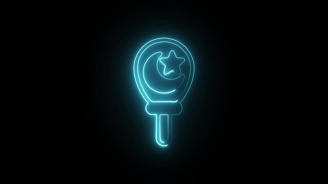 Neon blue lollipop with star and crescent moon symbol glowing brightly on a dark background, creating an interesting visual effect with its vibrant color and unique design element.