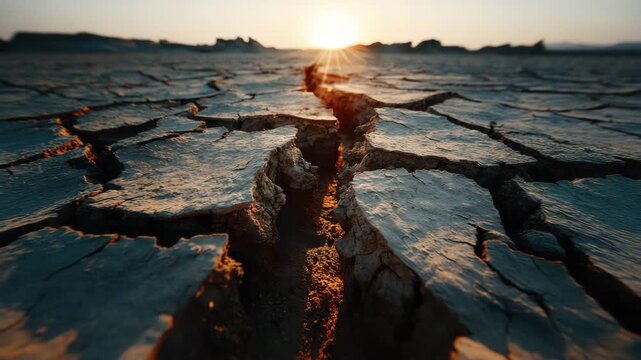 Cracked dry earth creek bed sunset with dramatic light and deep fissures evoking drought and desolation cracked dry soil drought landscape arid ground sunset light deep fissure parched earth desert