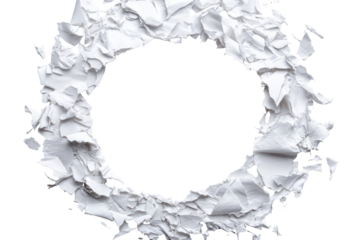 Abstract white paper circle frame isolated on transparent background. Torn paper circle frame with rough textured edges isolated on white background.