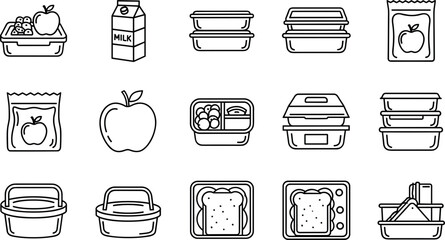 Minimalist black line art vector icons of food packaging featuring various metal tin cans glass jars and cardboard storage boxes for pantry items. © MdMostafijur