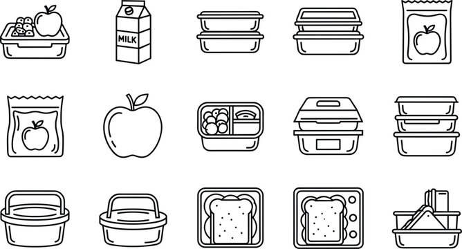 Minimalist black line art vector icons of food packaging featuring various metal tin cans glass jars and cardboard storage boxes for pantry items.