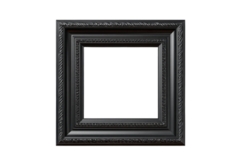 Ornate black antique picture frame isolated on transparent background. Ornate black picture frame with intricate carved isolated on white background.