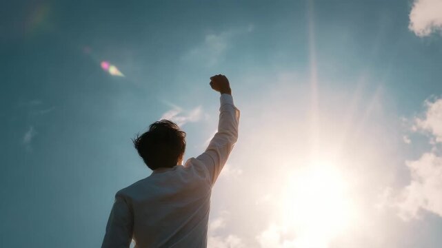 Young man raising fist toward bright sun and sky with sun flare sunlight backlit silhouette, hopeful confident victory gesture celebrating success under dramatic sky