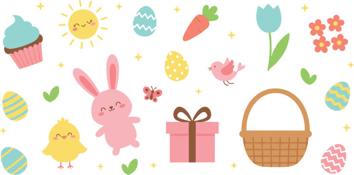 Cute Easter elements collection set bunny chick eggs basket flowers spring cartoon flat vector illustration isolated