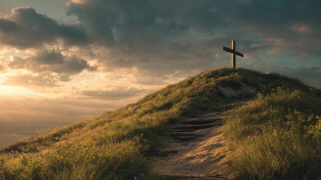 Grassy hill path to wooden cross at sunset with dramatic clouds, sky and sunlight over golden grass, horizon landscape conveying peaceful, contemplative mood, quiet reflection and hope