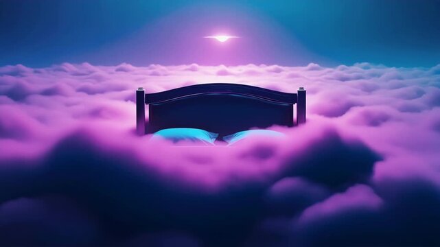 Surreal bed floating in pink cloud landscape