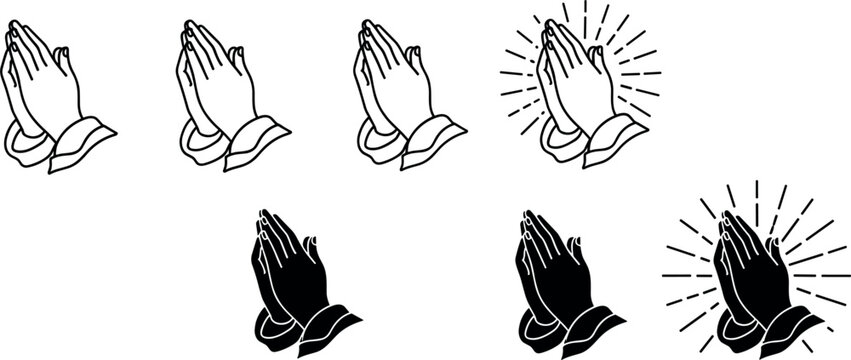 Vector set of religious praying hands icons featuring outline and silhouette styles with divine light rays for faith prayer worship and spiritual design projects.