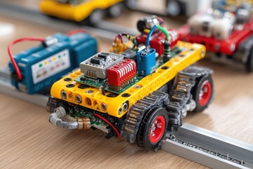 Close up of electronic construction workflow showcasing robotic vehicle assembly and innovation in technology