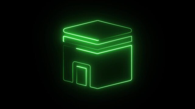 Kaaba graphic illustration with neon green outline on black background representing islamic faith and spiritual significance in mecca saudi arabia during hajj pilgrimage and ramadan.