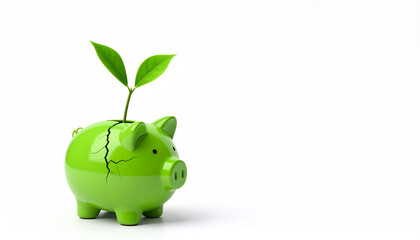 Broken piggy bank with green plant growing from crack symbolizes financial crisis and loss money savings, investment, debt, economy,