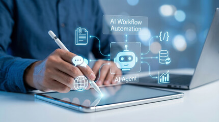 Fototapeta premium Ai workflow automation agentic artificial intelligence technology automation ai agent using tablet and stylus modern office showing digital