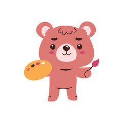 Fototapeta premium Cute cartoon bear character holding an 's palette and a paintbrush