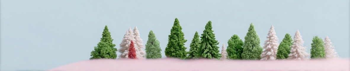 Snowy Evergreen Forest Background with Miniature Trees under a Misty Sky for Winter Vacation and Nature Travel Advertising and Minimalist Seasonal Banner Design