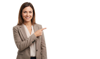 Smiling businesswoman manager presenting and pointing at something, transparent png